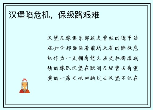 汉堡陷危机，保级路艰难